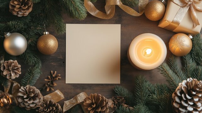 A blank holiday party invitation on a table decorated with Christmas ornaments, pine cones, a lit candle, and ribbons, ideal for creating customized festive invitations.