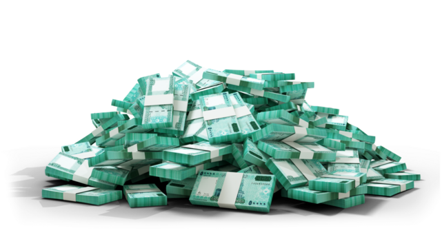 3D Stack of  Somali shilling notes isolated on transparent background. Somalia currency