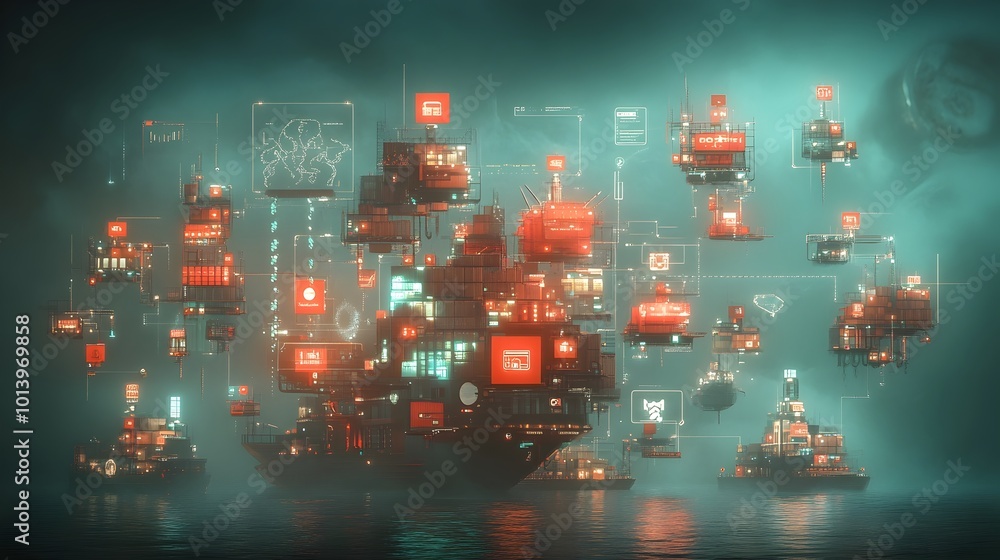 Poster futuristic container ships and massive cargo vessels utilizing cutting edge automation and ai driven