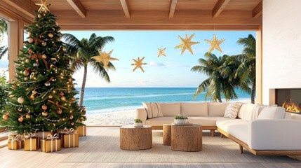 Fototapeta premium A beachside living room decorated with a Christmas tree, featuring palm trees and a serene ocean view in a warm, inviting atmosphere.