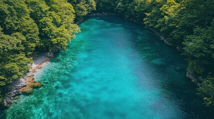 Aerial View of a Crystal Clear River Winding Through Lush Green Forest