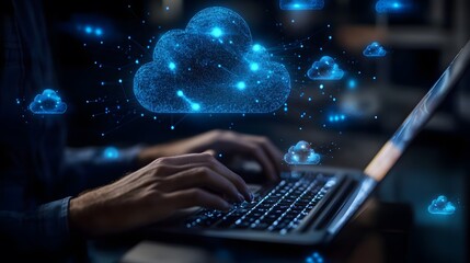A focused man is typing on a laptop, surrounded by an artistic illustration of cloud computing elements