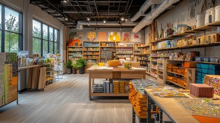 A modern craft store with an open workshop space, materials for DIY projects displayed attractively, and interactive classes