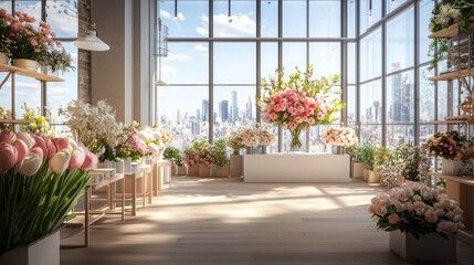 A modern floral studio with floor-to-ceiling windows, fresh flowers in modern arrangements, and a DIY bouquet station
