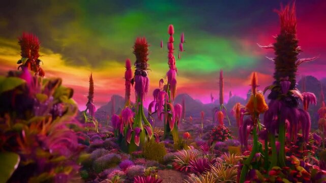 Surreal Landscape with Tall Pink Plants and Rainbow Sky

