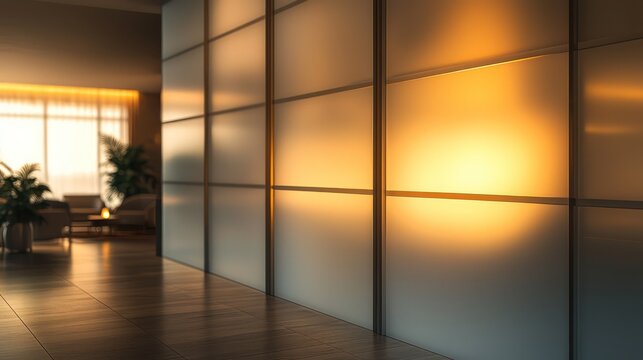 A modern hotel room with a wall entirely made of frosted glass panels, backlit for a warm, inviting glow