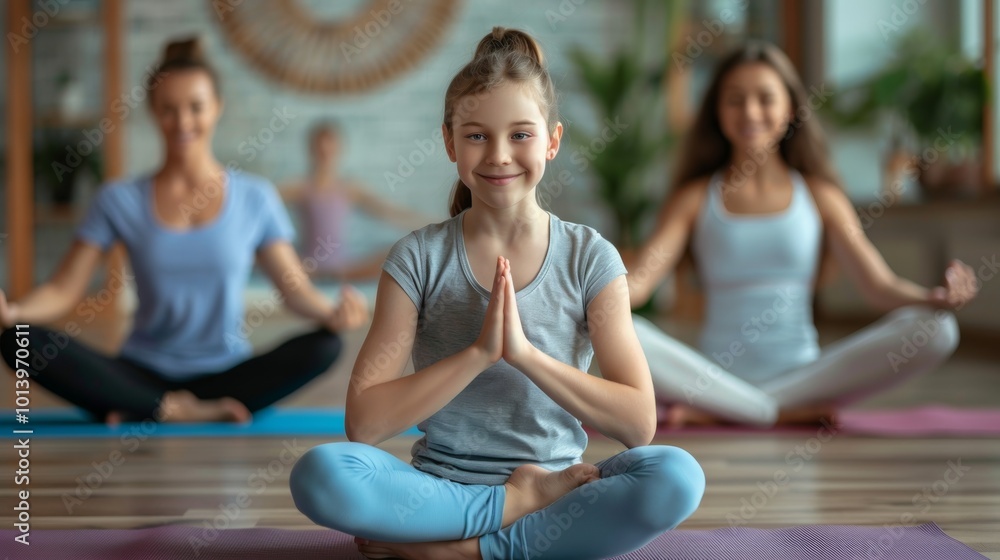 Poster a girl sits cross-legged with hands in a prayer position, surrounded by others practicing yoga peace