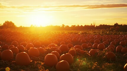 Fototapeta premium pumpkin patch during harvest season,, with a golden sunset, autumn mood