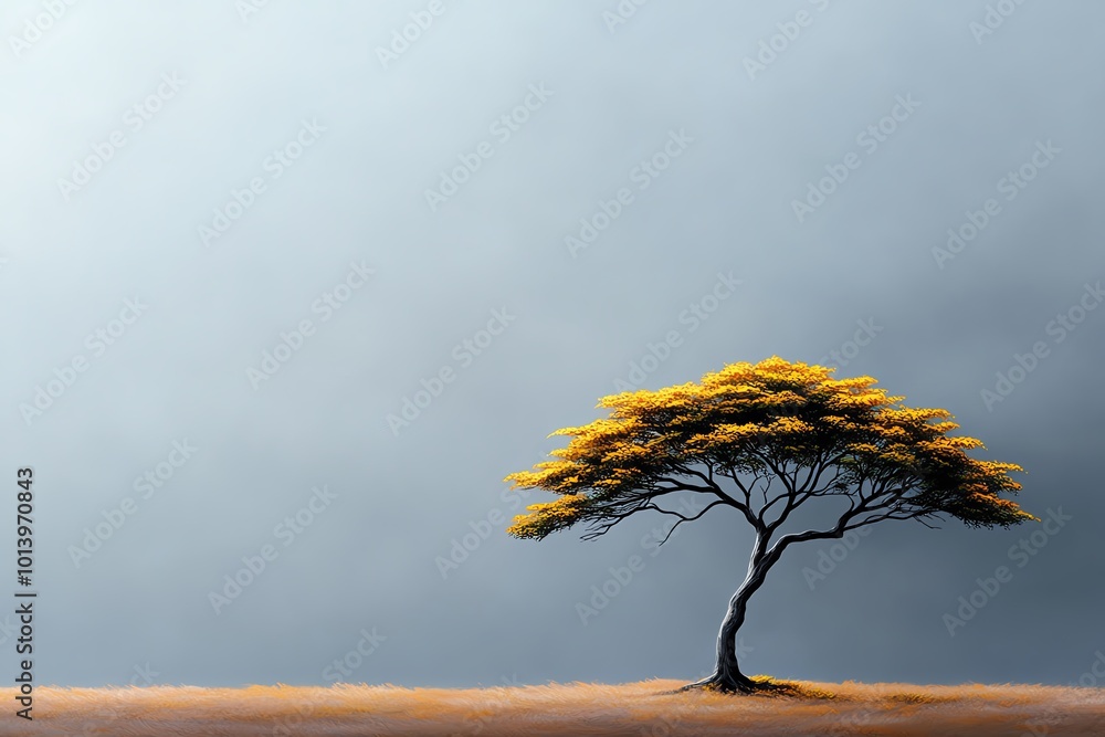 Poster simple, minimalist scene of a lone tree in a field, with soft lines and muted colors representing th
