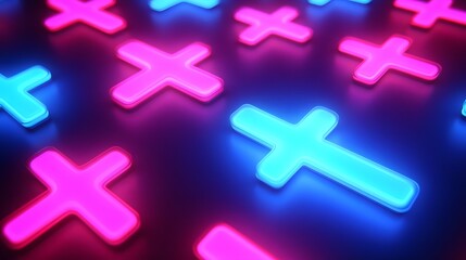 Obraz premium Medical health background with blue cross neon light shapes in a pattern, representing healthcare technology and science