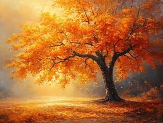 autumn tree basking in radiant sunbeams filtering through its leaves illuminating warm shades of orange and yellow in a tranquil natural setting