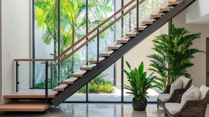 A modern staircase with a dual-tone wooden and glass design, the glass acting as both balustrade and artistic feature