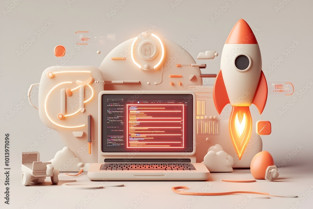 Poster futuristic 3d modeled startup showcasing a high tech laptop bold rocket glyph innovative coding pipe