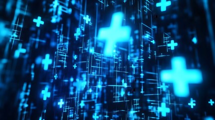 Medical health background with blue cross neon light shapes in a pattern, representing healthcare technology and science