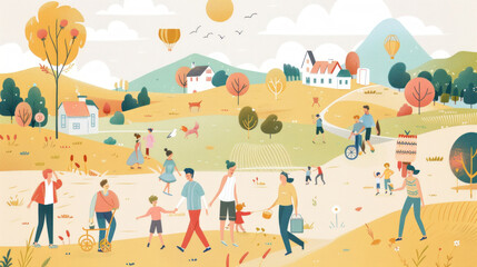 A visual of people in rural areas enjoying happiness through outdoor activities, farming, and community events.