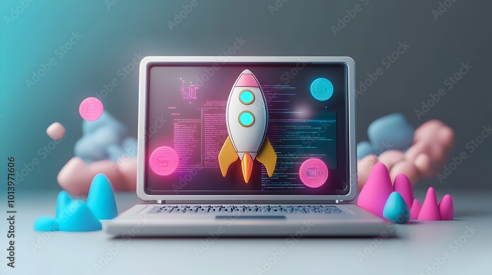 Poster futuristic 3d rendered startup concept featuring a sleek laptop device with a rocket icon set in a d