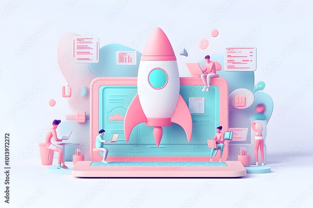 Poster futuristic 3d rendered startup scene showcasing a laptop with a rocket emblem programmers engaged in