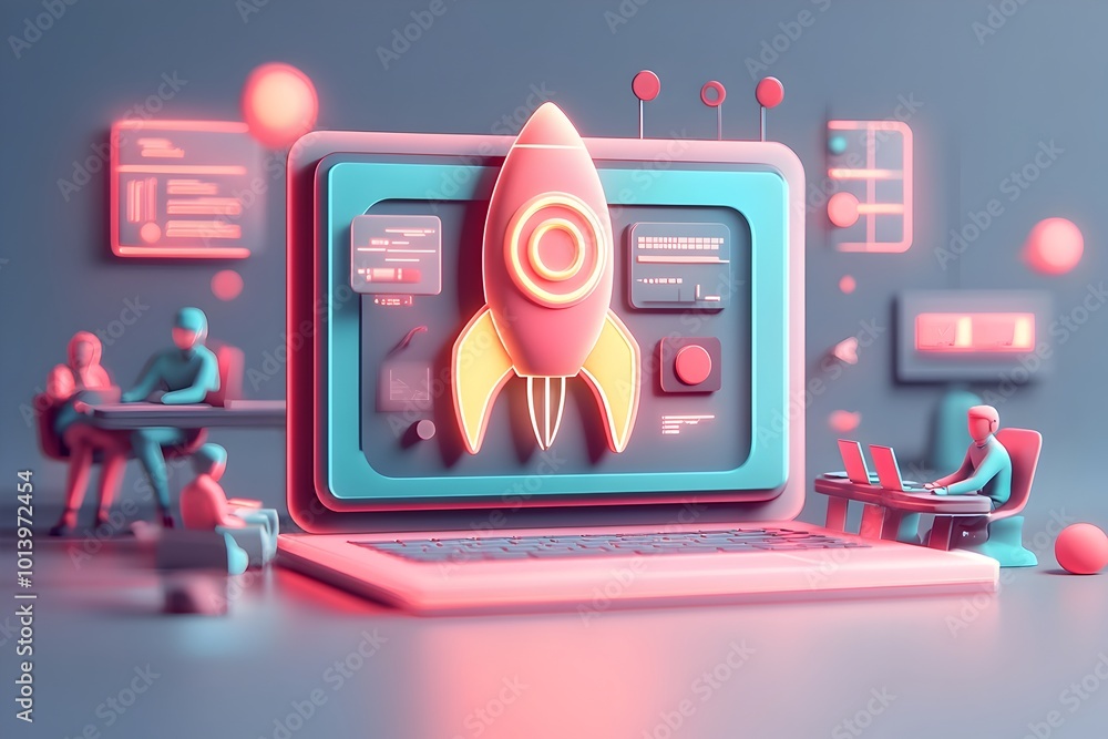 Poster futuristic 3d rendered startup scene showcasing a laptop with a rocket emblem programmers engaged in