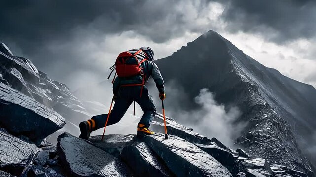 Mountain Climber Ascending Rocky Peak Under Dramatic Sky

