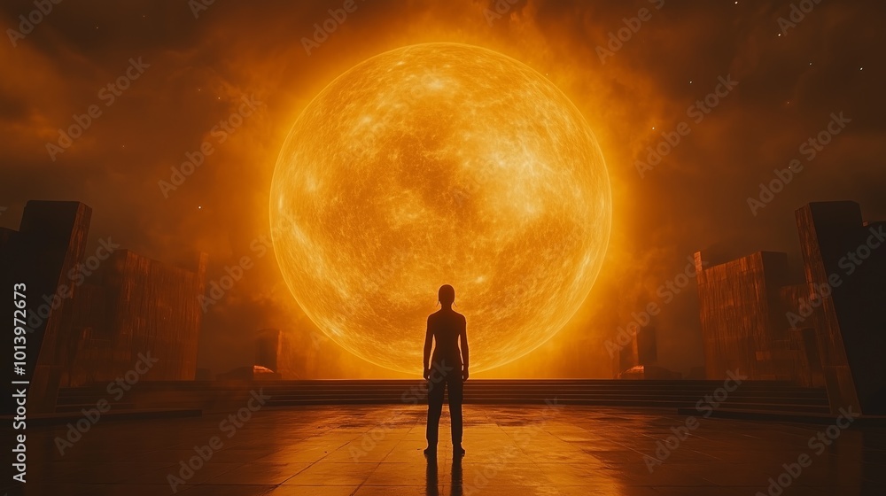 Poster a man stands in front of a large orange sun. the scene is set in a futuristic world with a mysteriou