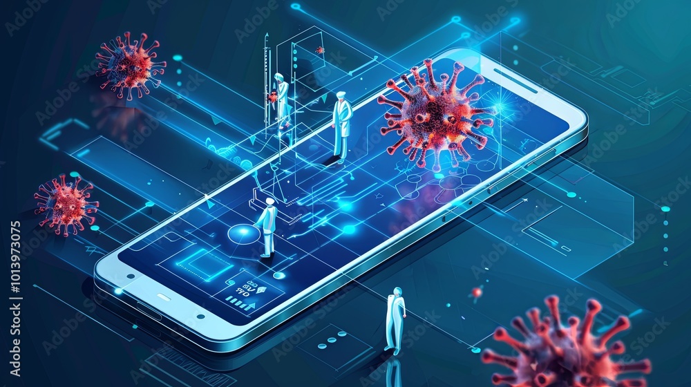 Aufkleber A smartphone activates an emergency alert for virus protection as people engage with the application, focusing on digital security. Generative AI