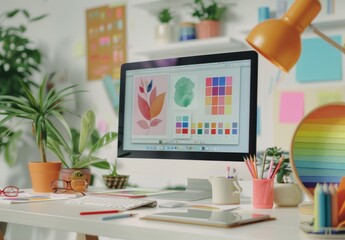 A computer screen displaying graphic design software like Adobe Illustrator or Procreate with color swatches and mood boards on the desk, indicating creative work in web development. A digital tablet 