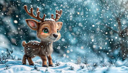Cute Reindeer  in Snowy Winter Wonderland - Festive Christmas Illustration for Holiday Greeting Cards, Decorations, and Seasonal Celebrations