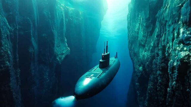 Underwater scene with a military submarine navigating through a deep ocean trench, showcasing exploration and underwater technology. Dark and mysterious setting, hinting at adventure and discovery