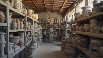 A pottery workshop filled with clay pots, vases, and statues.