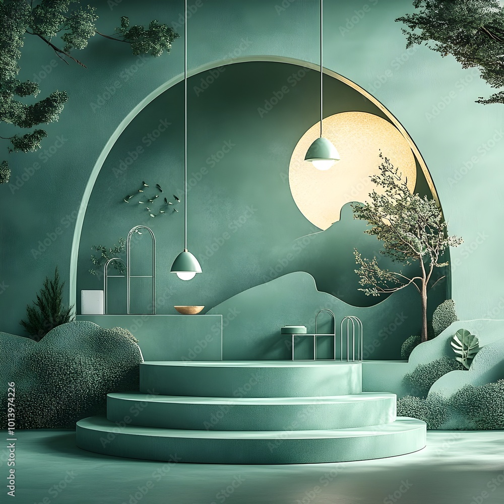 Poster futuristic 3d studio environment featuring an olive green gradient backdrop bare concrete floor and 