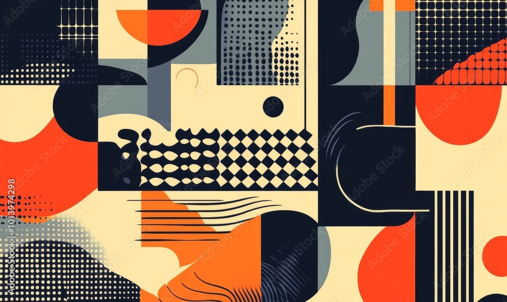 Poster brutalist geometric shapes, modern symbols. groovy checkered pattern, distorted tiled grid. simple e