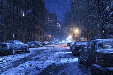 nighttime city street scene during a deep freeze