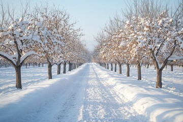 Obraz premium Snow covered path leading through orchard trees covered in fresh snow