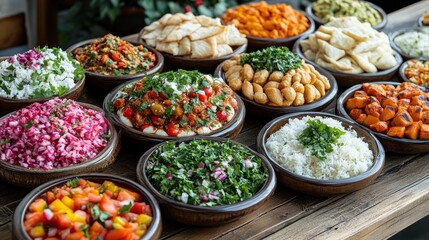 Fototapeta premium Assortment of Middle Eastern Dishes and Salads on a Rustic Wooden Table