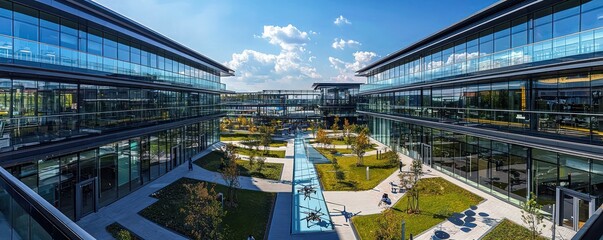 A panoramic view of a tech company campus with interconnected buildings featuring glass walkways and drone-friendly landing pads