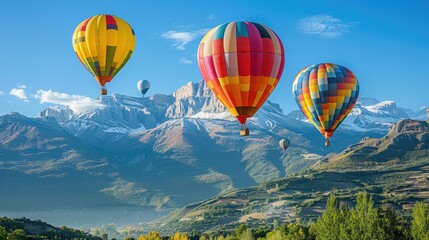 Naklejka premium Colorful hot air balloons flying over french alps mountains landscape
