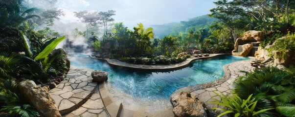 A panoramic view of a thermal spa complex with geothermally heated pools, designed with natural stone and surrounded by lush vegetation