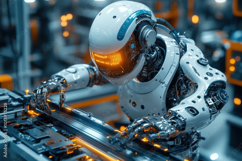 Poster futuristic robot assembling high-tech electronic components in factory