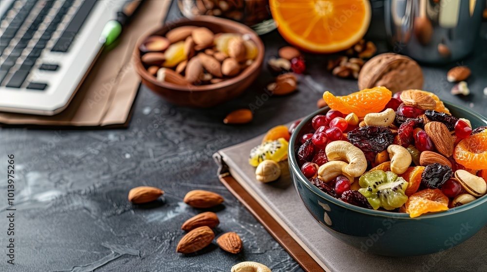 Aufkleber a vibrant bowl of dried fruits and mixed nuts rests on a table next to a laptop, providing a healthy