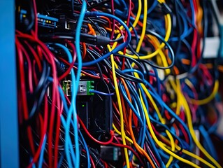 Vibrant Tangle of Colorful Cables: Perfect Wall Art for Tech Enthusiasts and Sports Interiors, Infusing Energy into Your Space with Bold Shades of Red, Blue, Yellow, and Black!