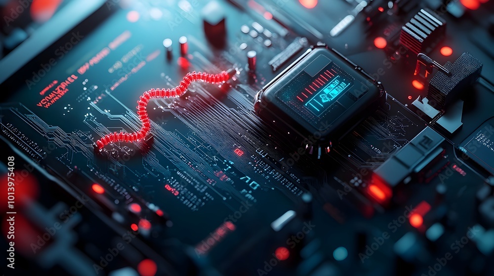 Poster futuristic 3d visualization showcasing the of blockchain technology data storage using dna sequences