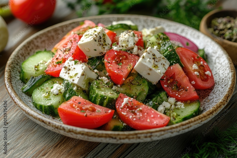 Wall mural Fresh greek salad with feta cheese, tomatoes, and herbs on a plate