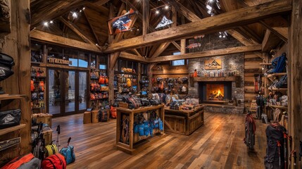A rustic outdoor gear shop with wooden beams, displays of hiking equipment, and a stone fireplace