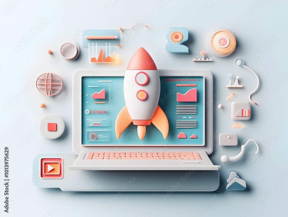 Aufkleber futuristic 3d visualization of a startup business plan featuring a minimalist laptop dynamic digital