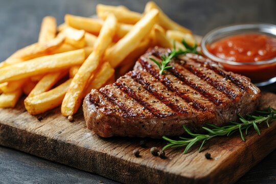 Juicy grilled steak lying on wooden board with french fries and ketchup