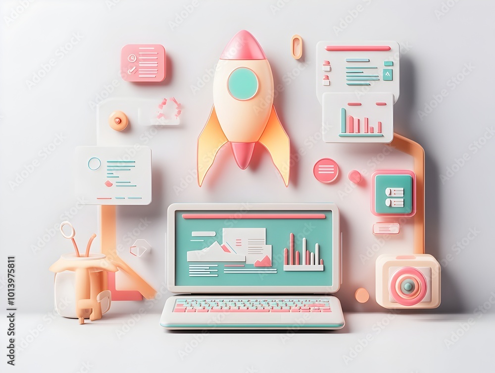 Poster futuristic 3d visualized startup business plan with minimalist laptop glowing rocket symbol dynamic 