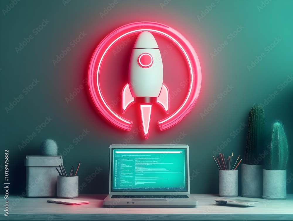 Aufkleber futuristic 3d visualized startup workspace featuring a cutting edge laptop a distinctive rocket shap