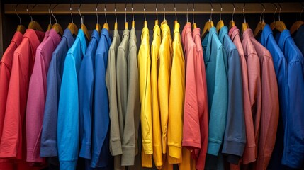 Fototapeta premium A row of colorful shirts hanging on a clothes rack in a closet.