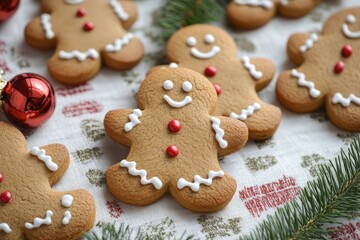 Smiling gingerbread man surrounded by christmas decorations and other gingerbread men cookies
