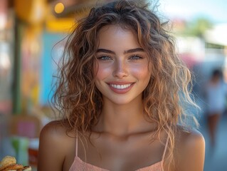 Obraz premium captivating portrait of a young woman with curly hair indulging in fast food outdoors juxtaposing beauty and casual dining in a vibrant urban setting